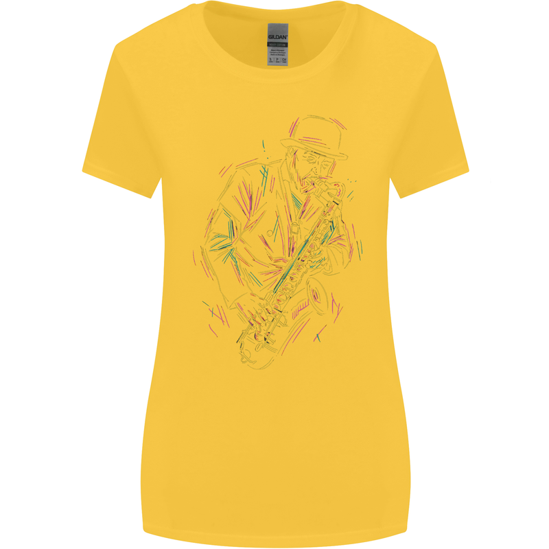 Jazz Colourful Saxophone Player Womens Wider Cut T-Shirt Yellow