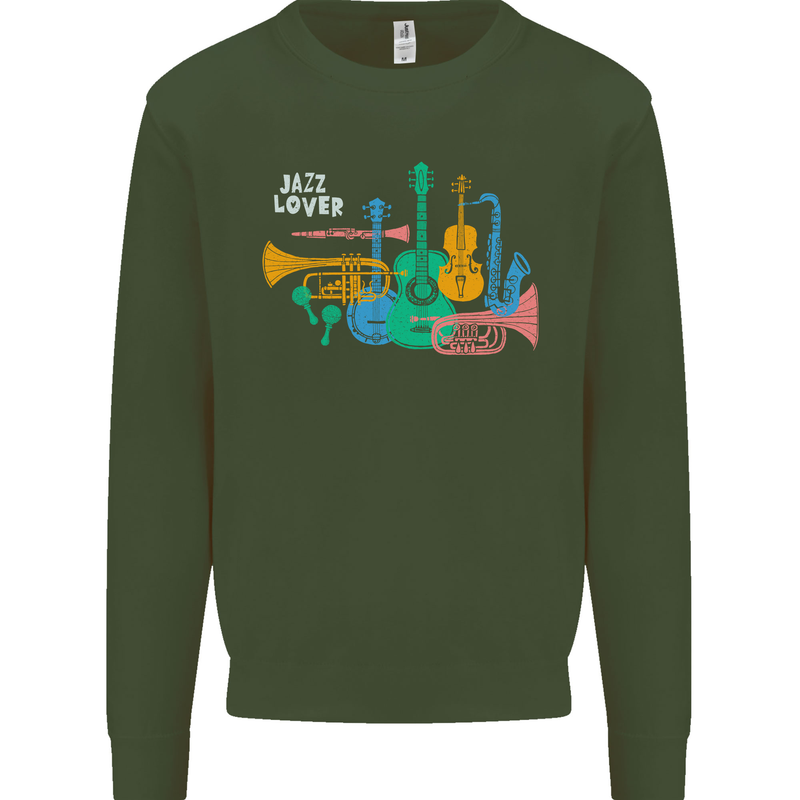 Jazz Lover Musical Instruments Guitar Kids Sweatshirt Jumper Forest Green