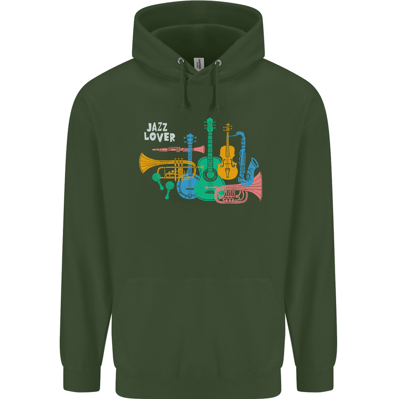 Jazz Lover Musical Instruments Guitar Mens 80% Cotton Hoodie Forest Green