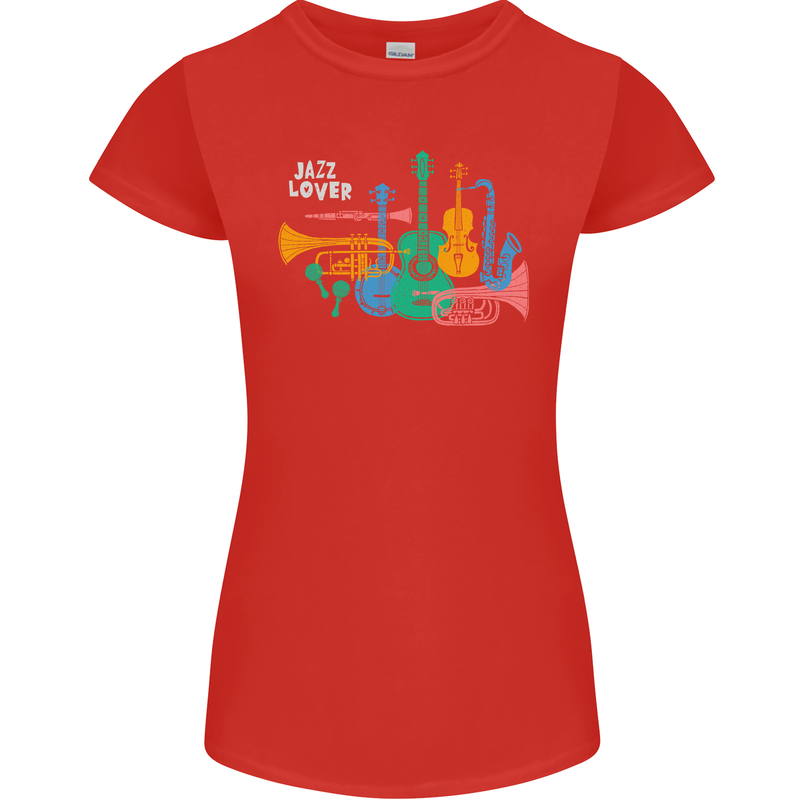 Jazz Lover Musical Instruments Guitar Womens Petite Cut T-Shirt Red
