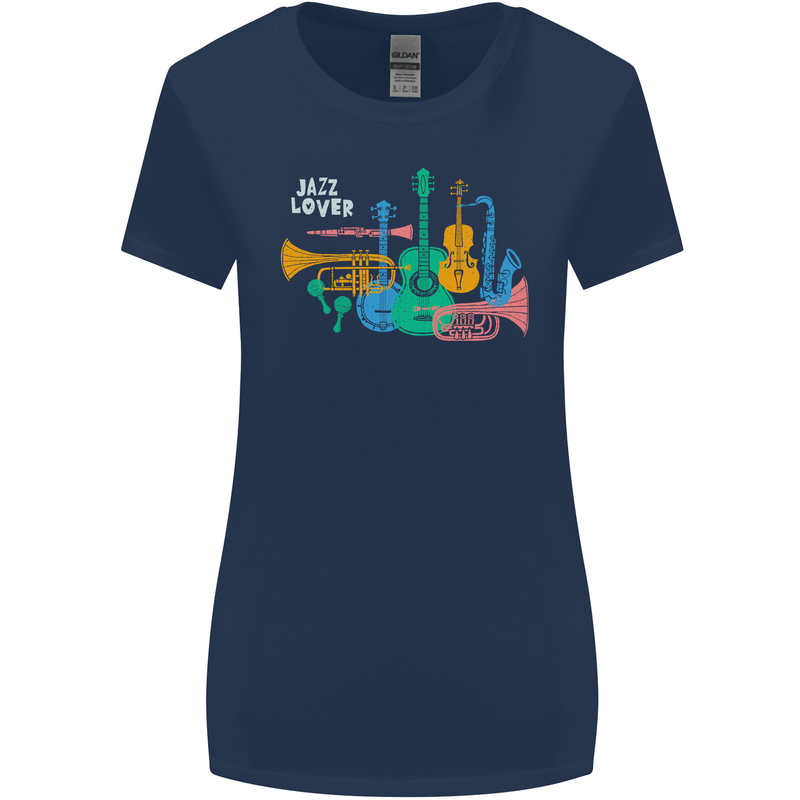 Jazz Lover Musical Instruments Guitar Womens Wider Cut T-Shirt Navy Blue