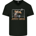 Jesus Saves Funny Atheist Christian Atheism Mens V-Neck Cotton T-Shirt Black
