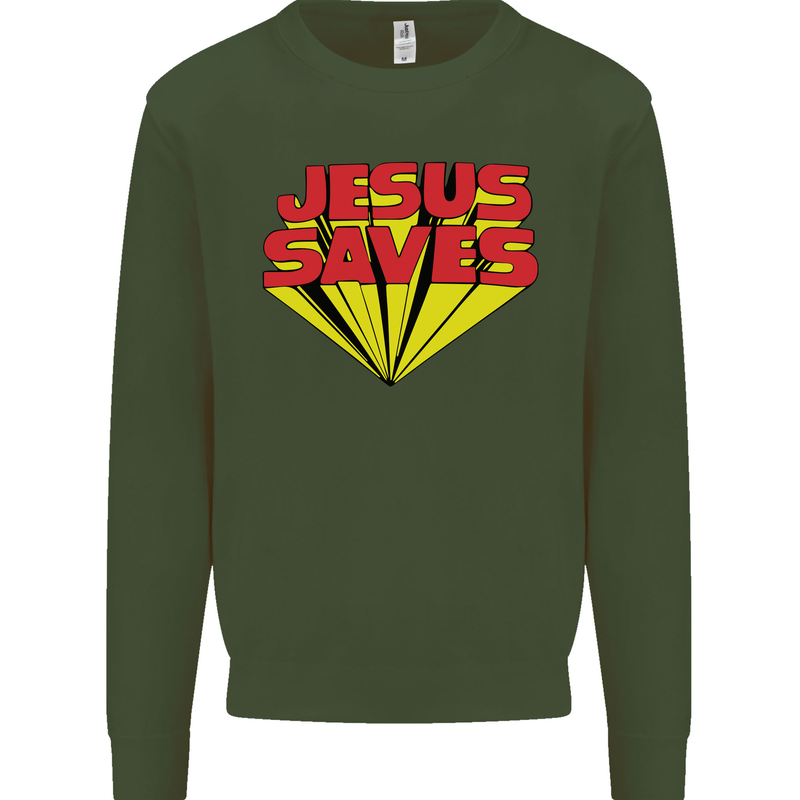 Jesus Saves Funny Christian Kids Sweatshirt Jumper Forest Green