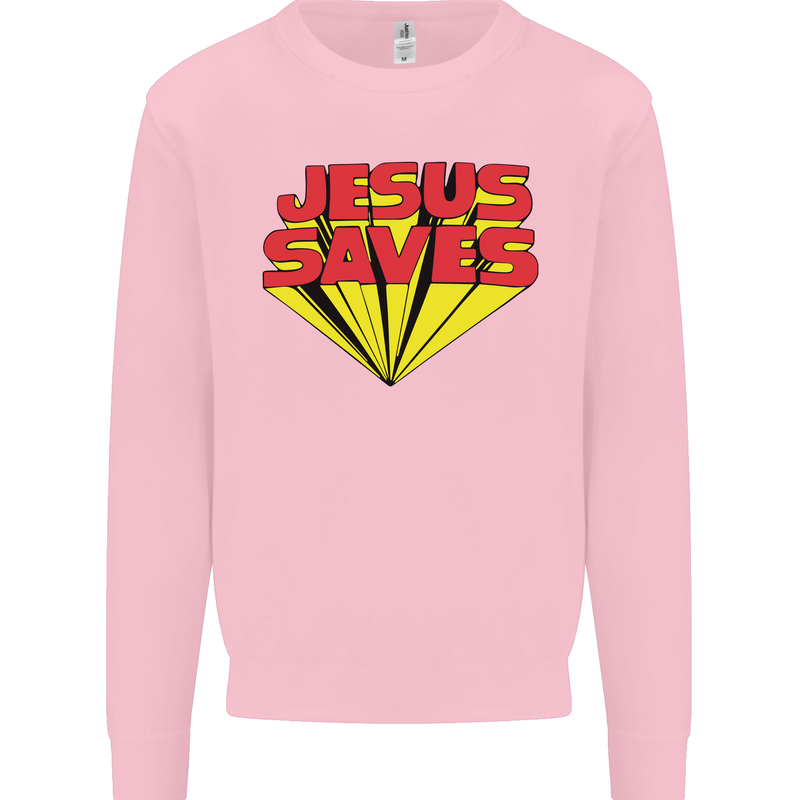 Jesus Saves Funny Christian Kids Sweatshirt Jumper Light Pink