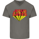 Jesus Saves Funny Christian Mens V-Neck Cotton T-Shirt Charcoal