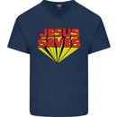 Jesus Saves Funny Christian Mens V-Neck Cotton T-Shirt Navy Blue