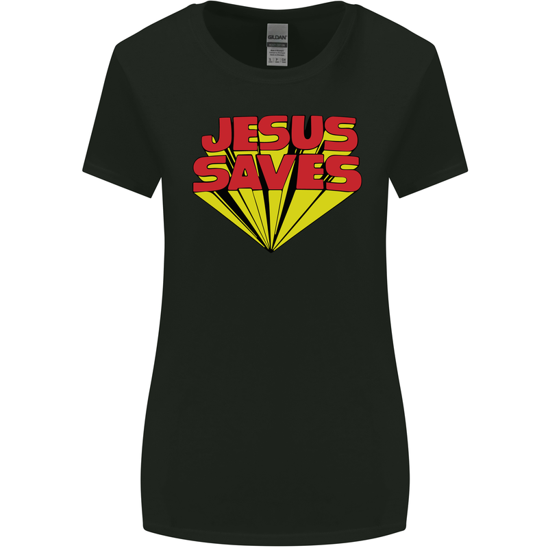 Jesus Saves Funny Christian Womens Wider Cut T-Shirt Black