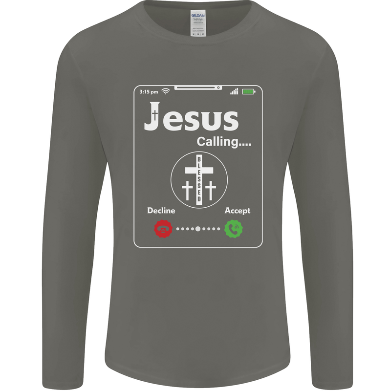 Jesus is Calling Christian Christianity Mens Long Sleeve T-Shirt Charcoal