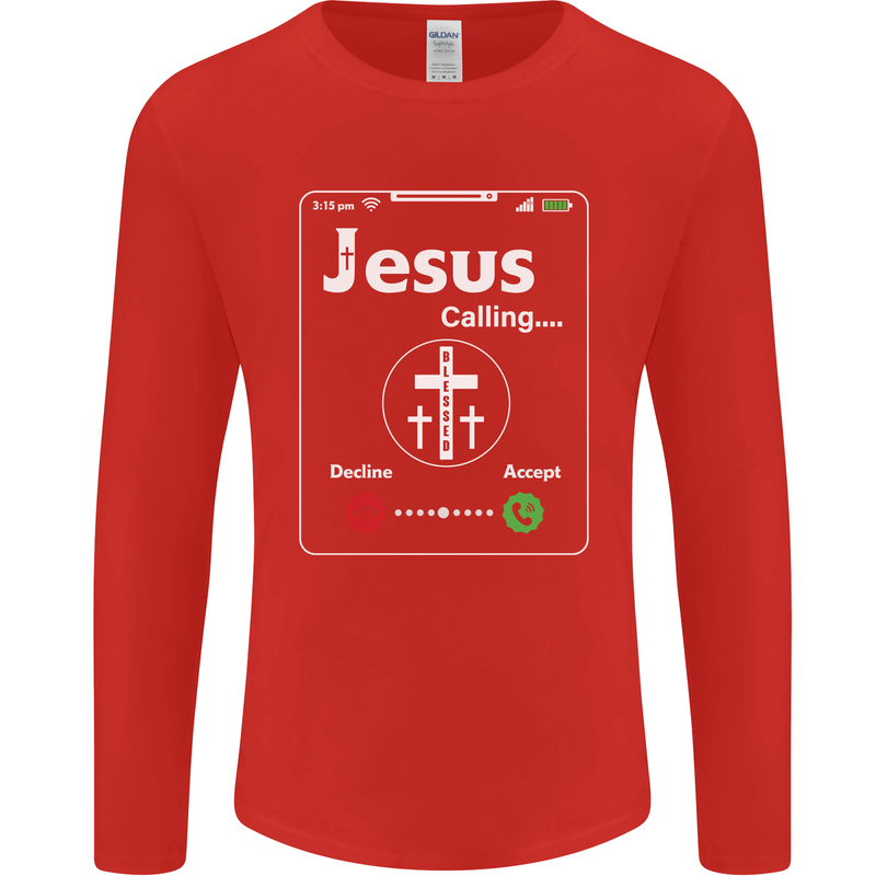 Jesus is Calling Christian Christianity Mens Long Sleeve T-Shirt Red