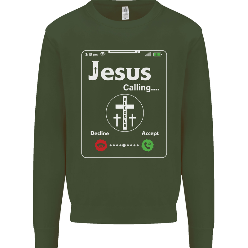 Jesus is Calling Christian Christianity Mens Sweatshirt Jumper Forest Green