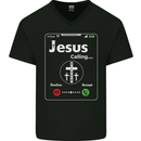 Jesus is Calling Christian Christianity Mens V-Neck Cotton T-Shirt Black