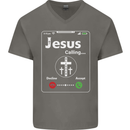 Jesus is Calling Christian Christianity Mens V-Neck Cotton T-Shirt Charcoal