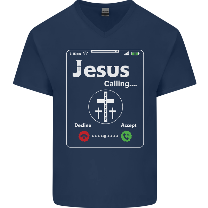 Jesus is Calling Christian Christianity Mens V-Neck Cotton T-Shirt Navy Blue