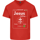 Jesus is Calling Christian Christianity Mens V-Neck Cotton T-Shirt Red