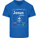 Jesus is Calling Christian Christianity Mens V-Neck Cotton T-Shirt Royal Blue