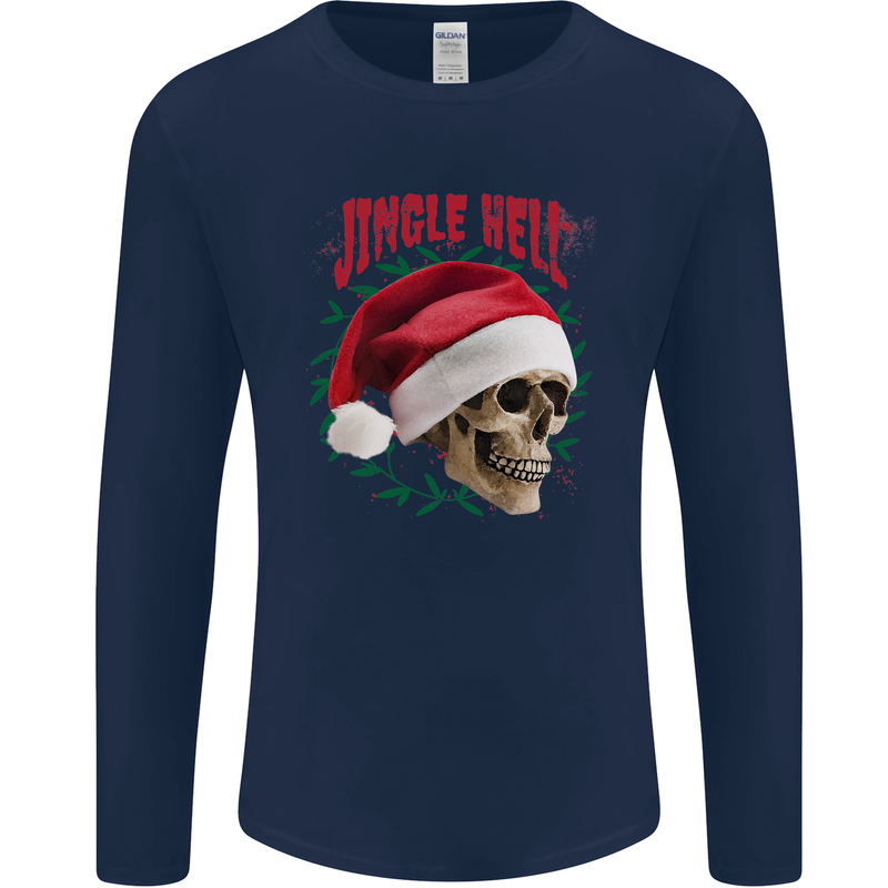 Jingle Hell Funny Christmas Skull Xmas Mens Long Sleeve T-Shirt Navy Blue