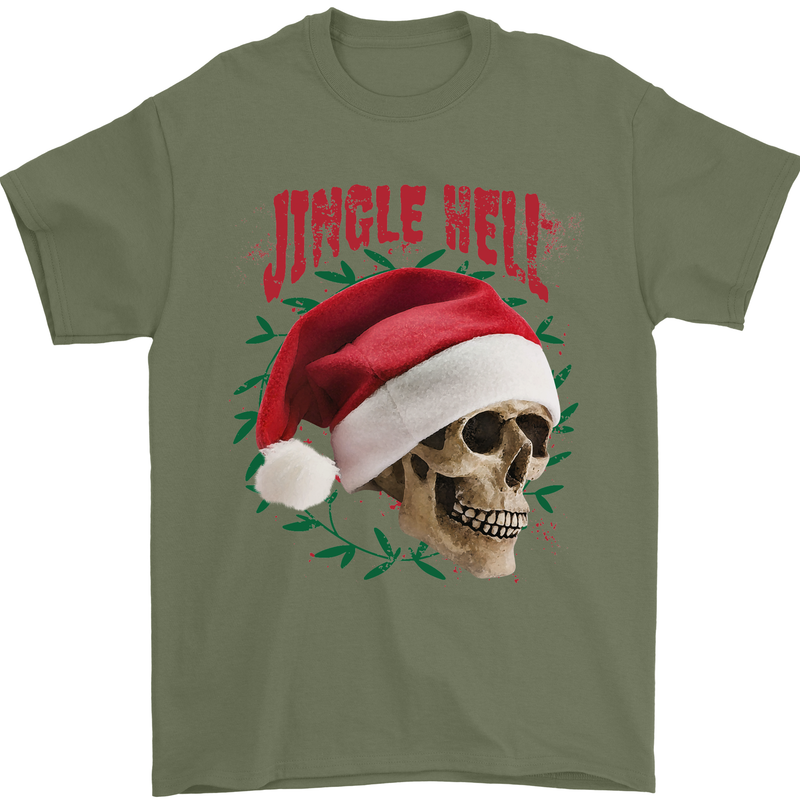 Jingle Hell Funny Christmas Skull Xmas Mens T-Shirt 100% Cotton Military Green