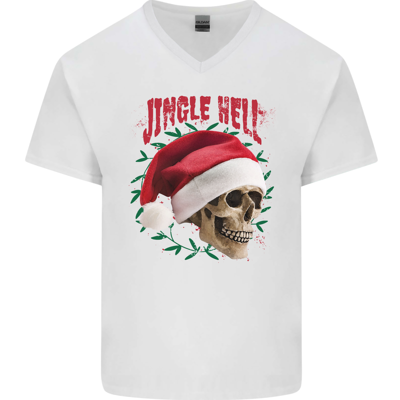Jingle Hell Funny Christmas Skull Xmas Mens V-Neck Cotton T-Shirt White
