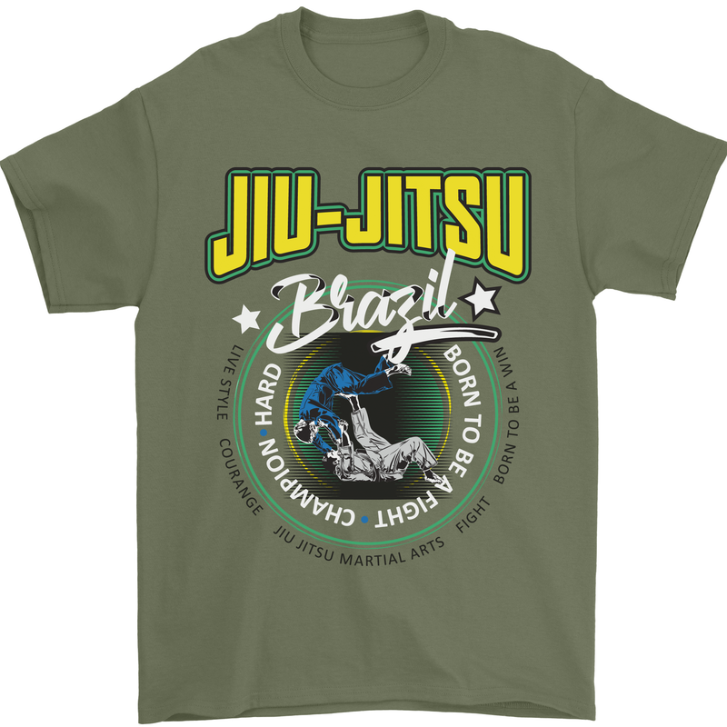 Jiu Jitsu Brazilian MMA Mixed Martial Arts Mens T-Shirt Cotton Gildan Military Green
