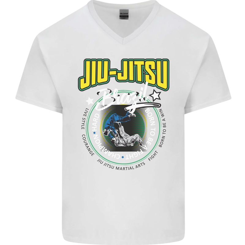 Jiu Jitsu Brazilian MMA Mixed Martial Arts Mens V-Neck Cotton T-Shirt White