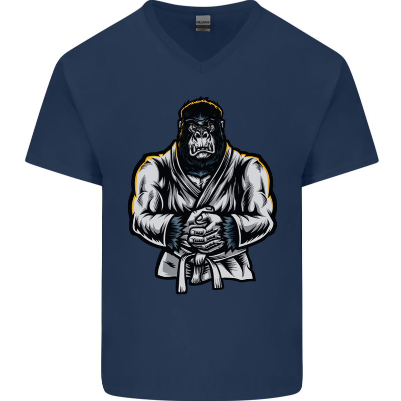 Jiu Jitsu Gorilla MMA Martial Arts Karate Mens V-Neck Cotton T-Shirt Navy Blue