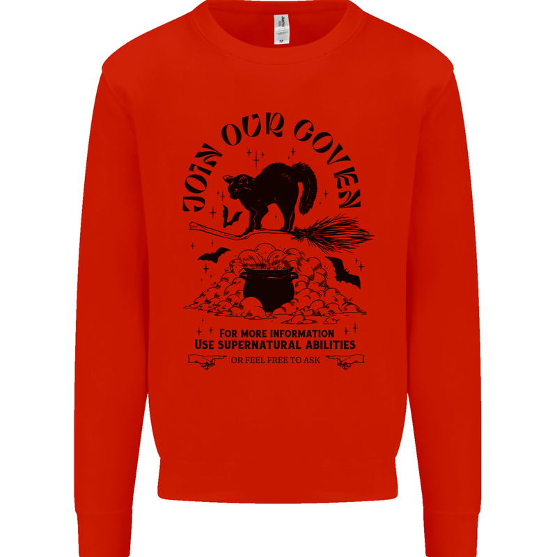 Join Our Coven Funny Halloween Cat Kids Sweatshirt Jumper Bright Red