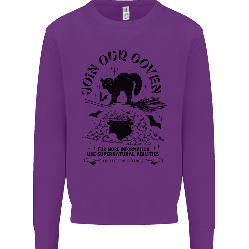 Join Our Coven Funny Halloween Cat Kids Sweatshirt Jumper Purple