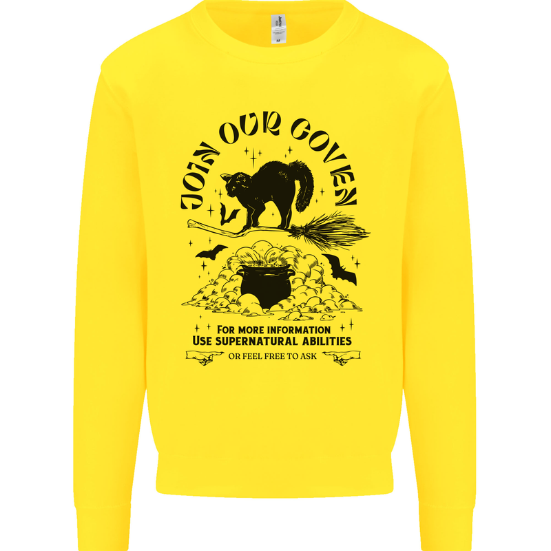 Join Our Coven Funny Halloween Cat Kids Sweatshirt Jumper Yellow