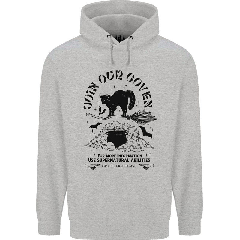 Join Our Coven Funny Halloween Cat Mens 80% Cotton Hoodie Sports Grey