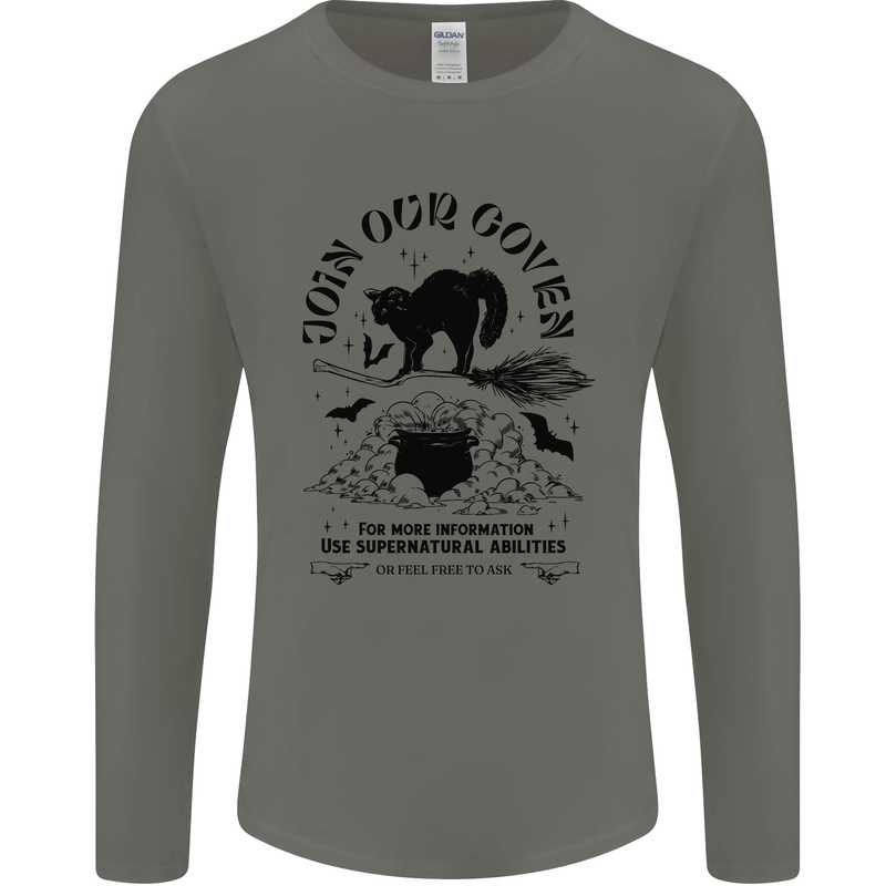 Join Our Coven Funny Halloween Cat Mens Long Sleeve T-Shirt Charcoal