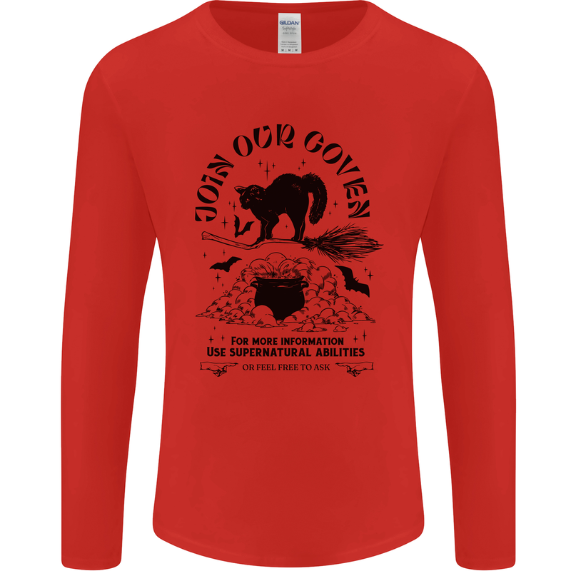 Join Our Coven Funny Halloween Cat Mens Long Sleeve T-Shirt Red