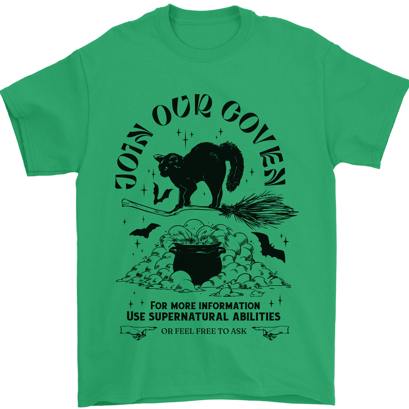 Join Our Coven Funny Halloween Cat Mens T-Shirt Cotton Gildan Irish Green