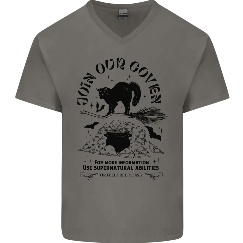 Join Our Coven Funny Halloween Cat Mens V-Neck Cotton T-Shirt Charcoal