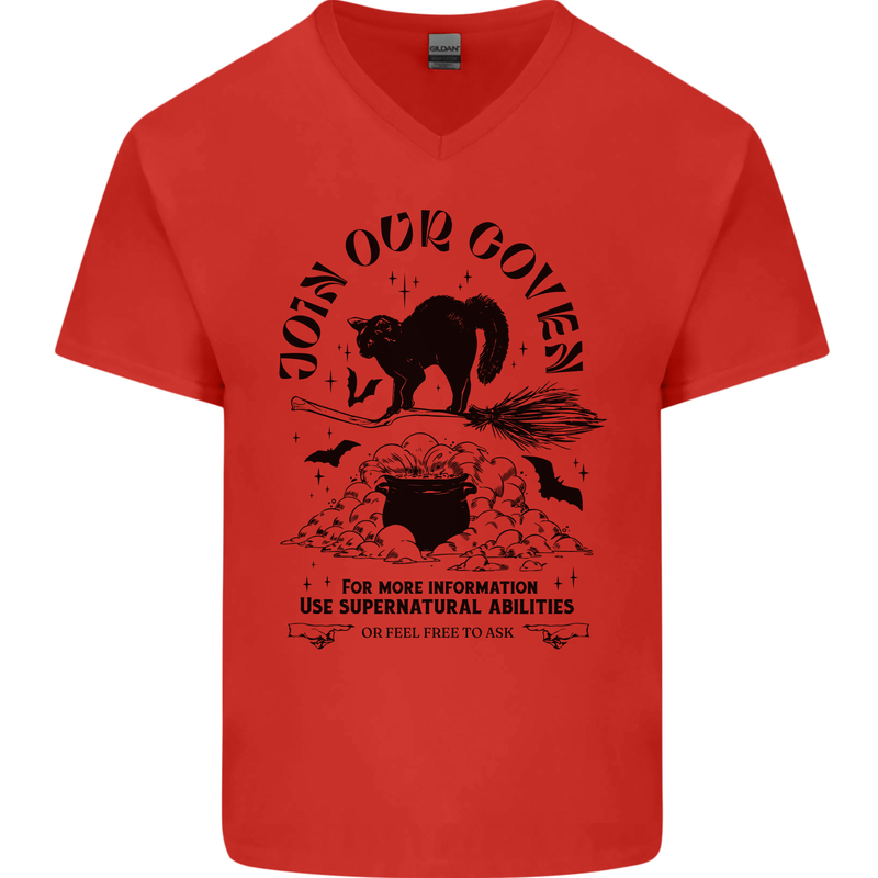 Join Our Coven Funny Halloween Cat Mens V-Neck Cotton T-Shirt Red