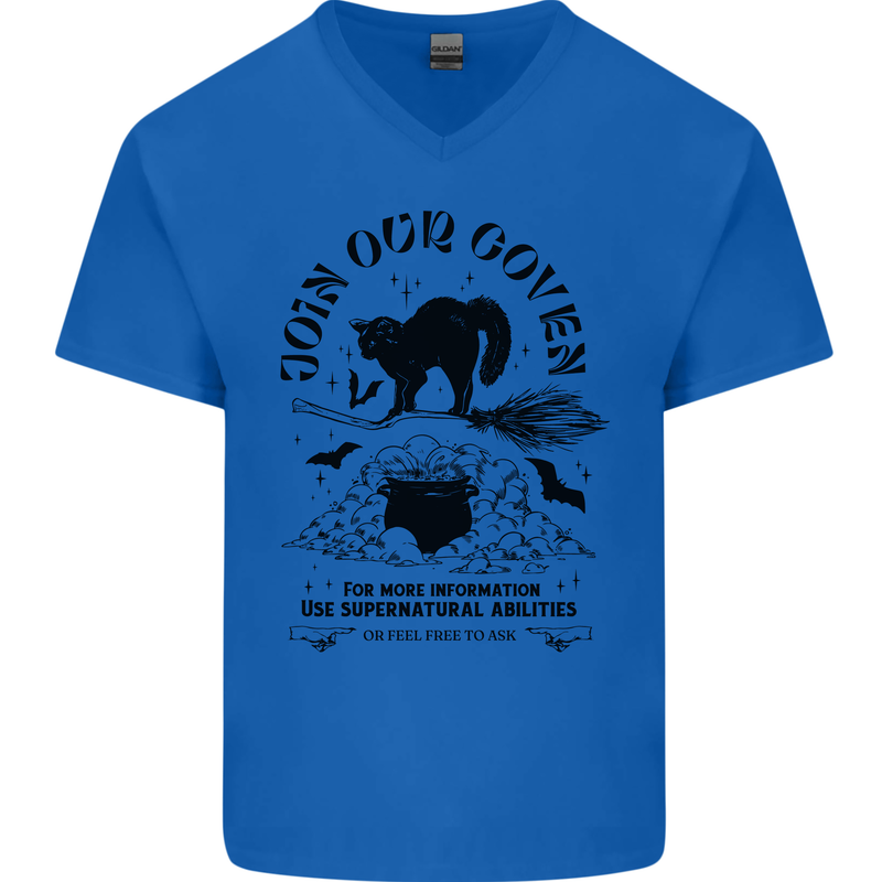 Join Our Coven Funny Halloween Cat Mens V-Neck Cotton T-Shirt Royal Blue