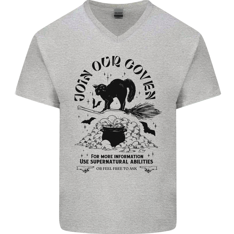 Join Our Coven Funny Halloween Cat Mens V-Neck Cotton T-Shirt Sports Grey