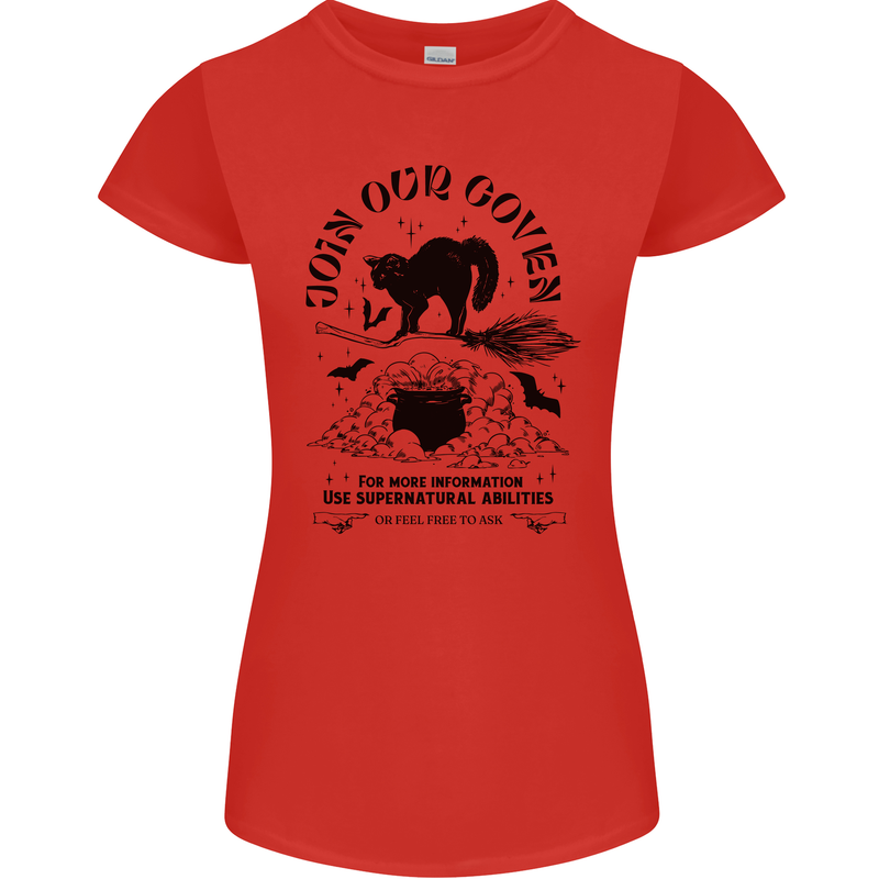 Join Our Coven Funny Halloween Cat Womens Petite Cut T-Shirt Red