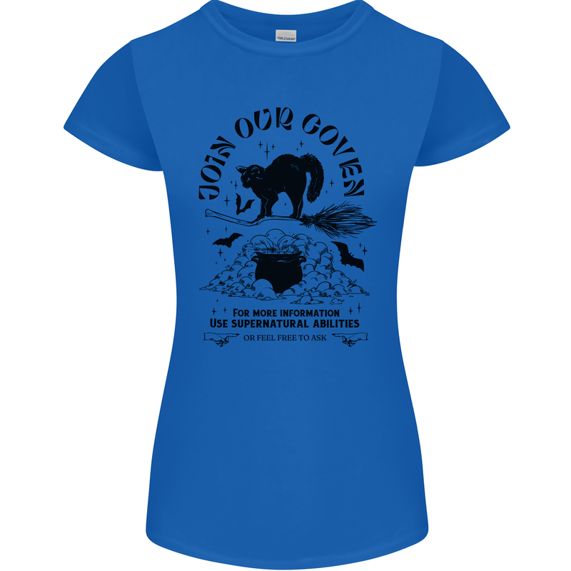 Join Our Coven Funny Halloween Cat Womens Petite Cut T-Shirt Royal Blue