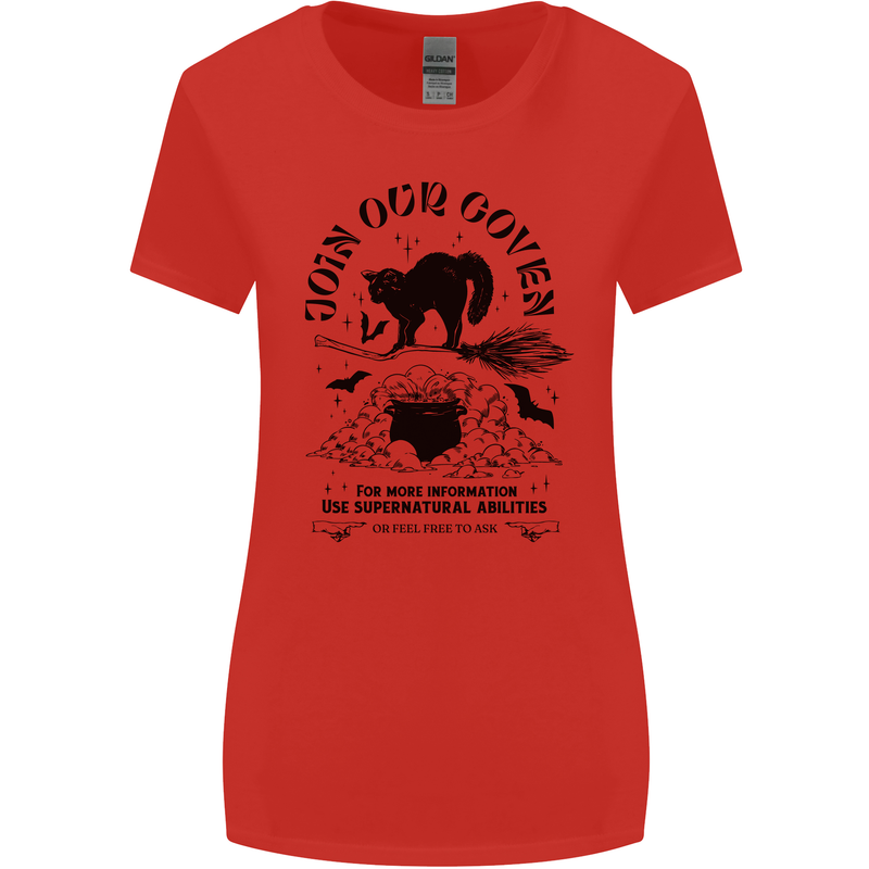 Join Our Coven Funny Halloween Cat Womens Wider Cut T-Shirt Red