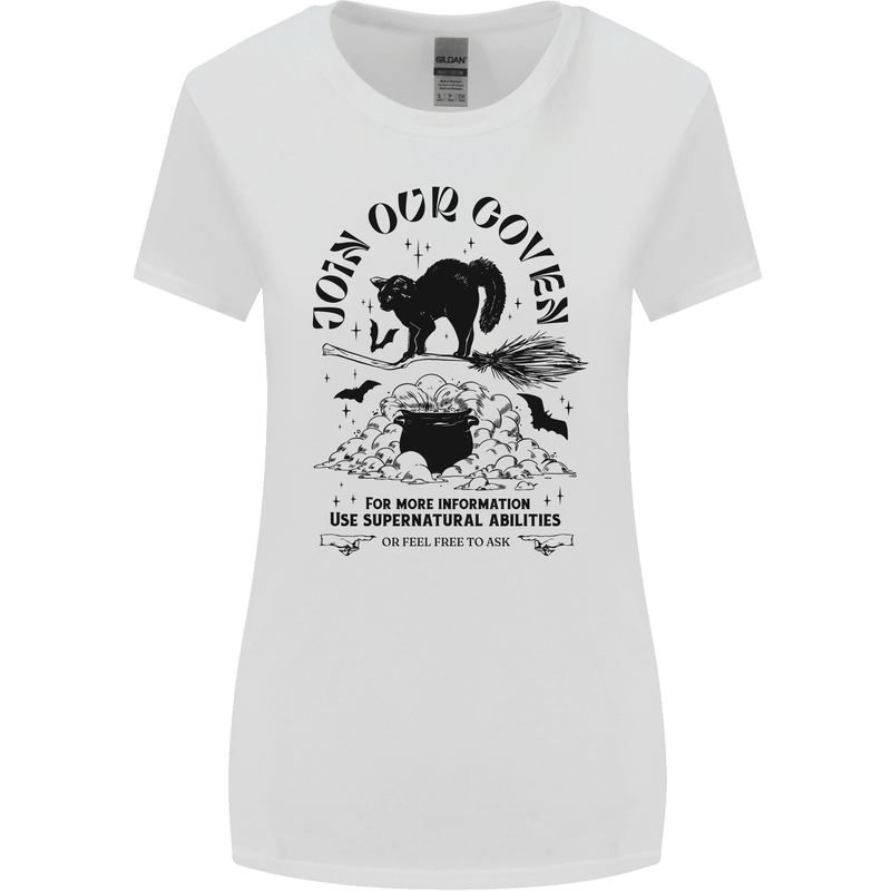 Join Our Coven Funny Halloween Cat Womens Wider Cut T-Shirt White