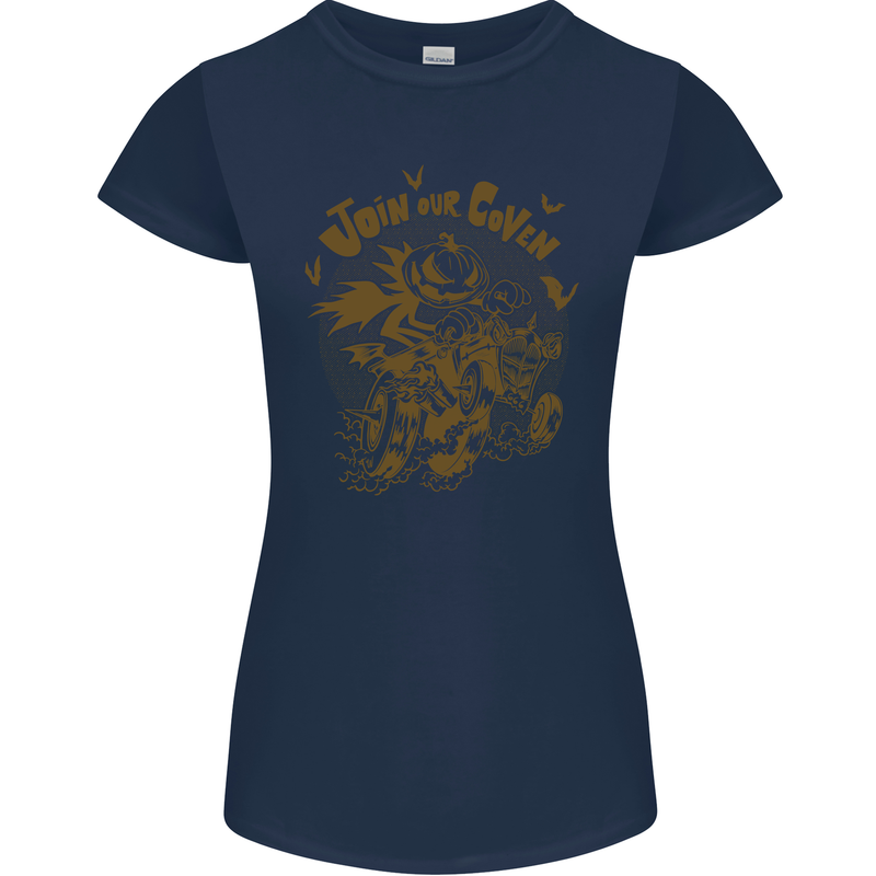 Join Our Coven Funny Halloween Pumpkin Womens Petite Cut T-Shirt Navy Blue