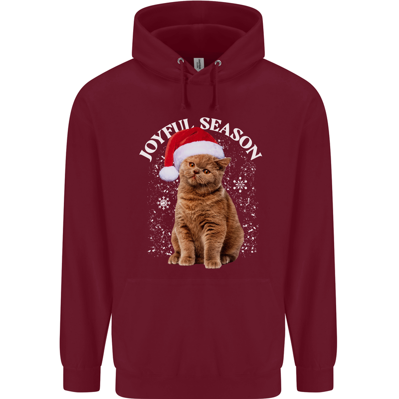 Joyful Season Christmas Funny Cat Xmas Childrens Kids Hoodie Maroon