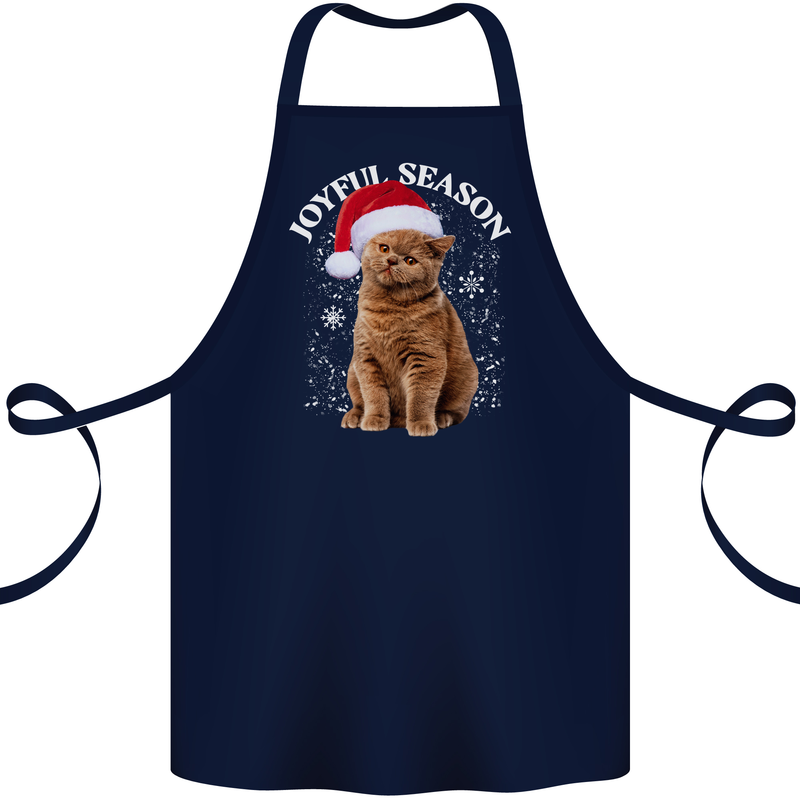 Joyful Season Christmas Funny Cat Xmas Cotton Apron 100% Organic Navy Blue