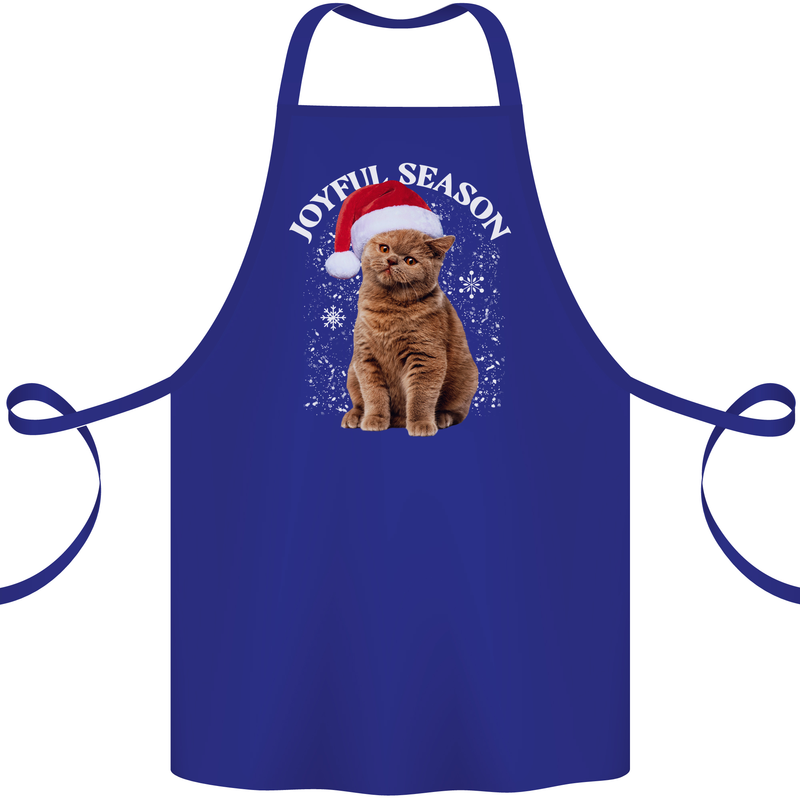 Joyful Season Christmas Funny Cat Xmas Cotton Apron 100% Organic Royal Blue