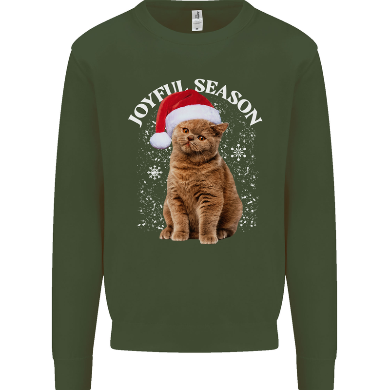Joyful Season Christmas Funny Cat Xmas Kids Sweatshirt Jumper Forest Green