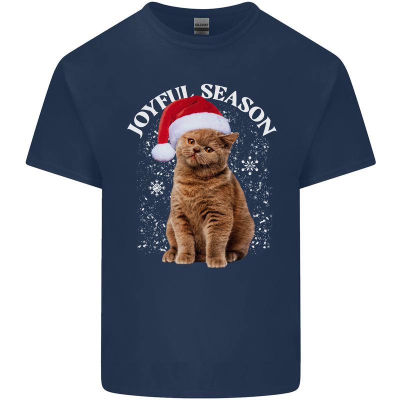 Joyful Season Christmas Funny Cat Xmas Kids T-Shirt Childrens Navy Blue