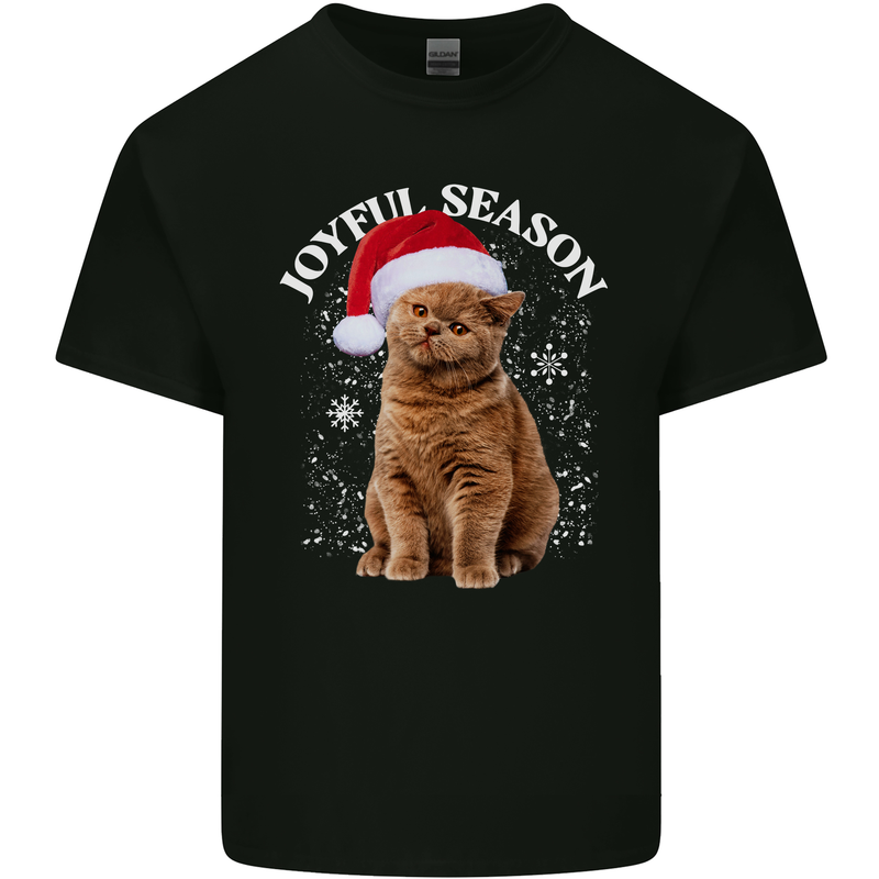 Joyful Season Christmas Funny Cat Xmas Mens Cotton T-Shirt Tee Top Black