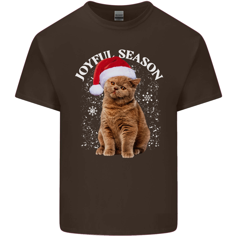 Joyful Season Christmas Funny Cat Xmas Mens Cotton T-Shirt Tee Top Dark Chocolate
