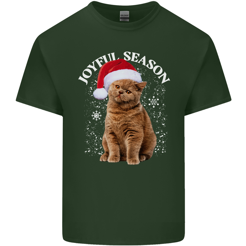 Joyful Season Christmas Funny Cat Xmas Mens Cotton T-Shirt Tee Top Forest Green
