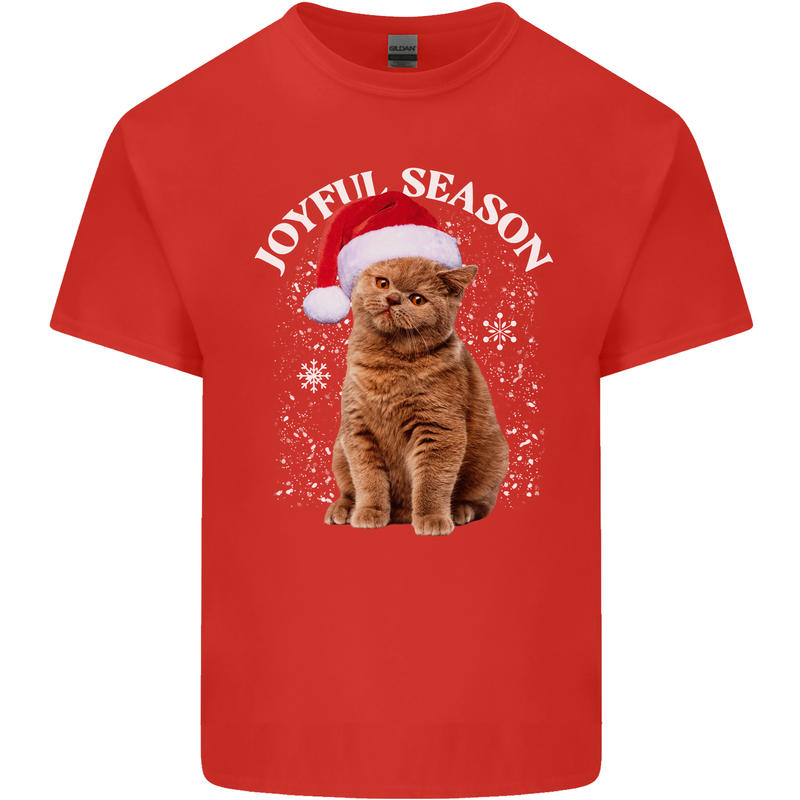 Joyful Season Christmas Funny Cat Xmas Mens Cotton T-Shirt Tee Top Red